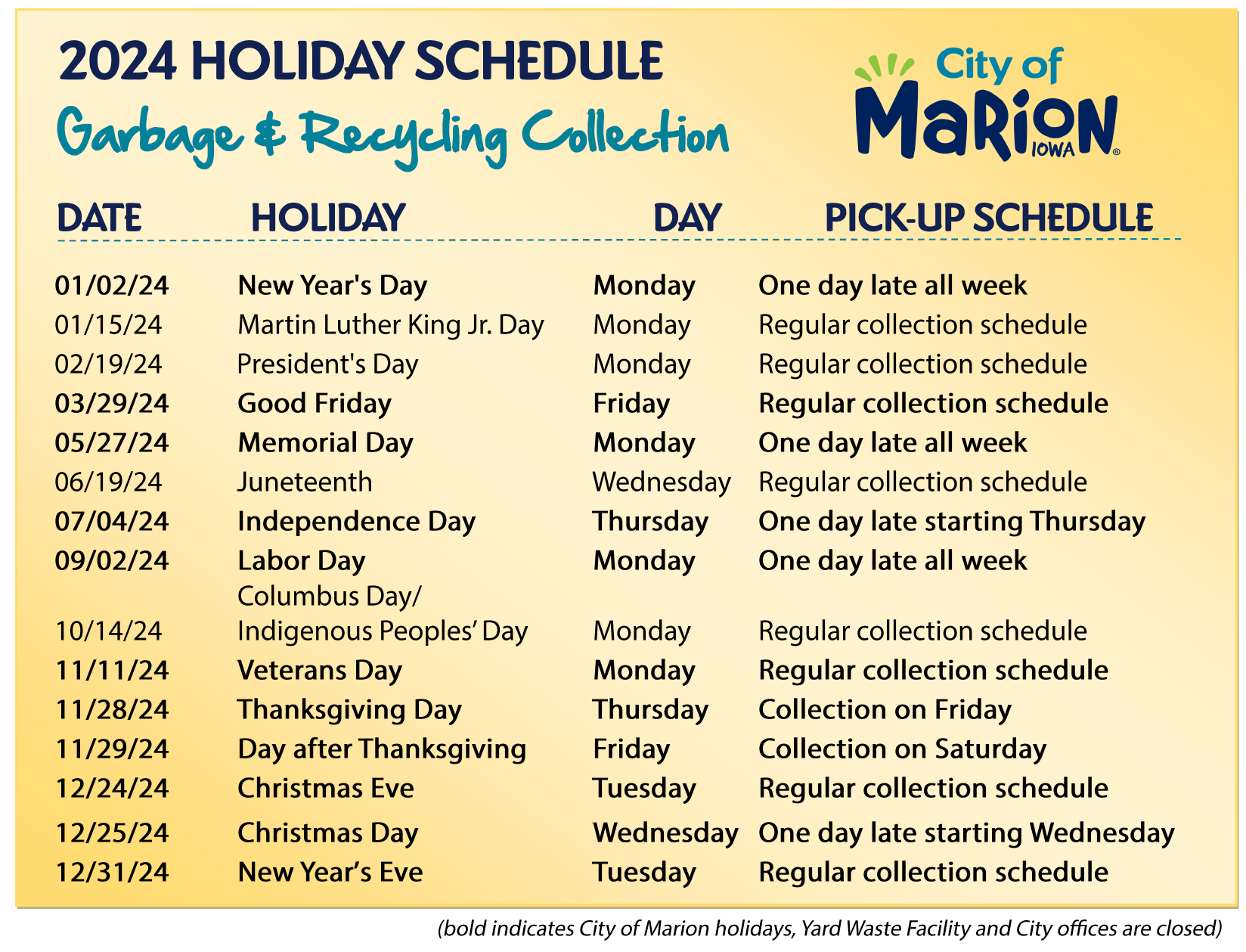 2022 holiday solid waste collection schedule