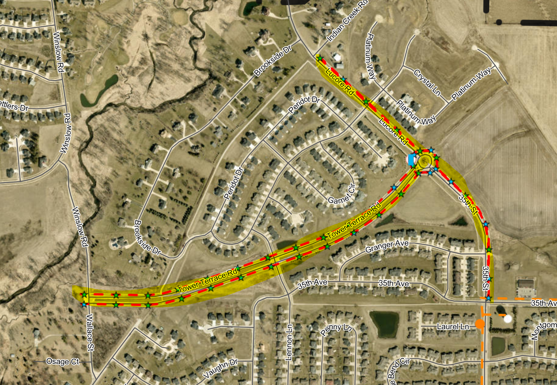 map of streetlight outage surrounding roundabout